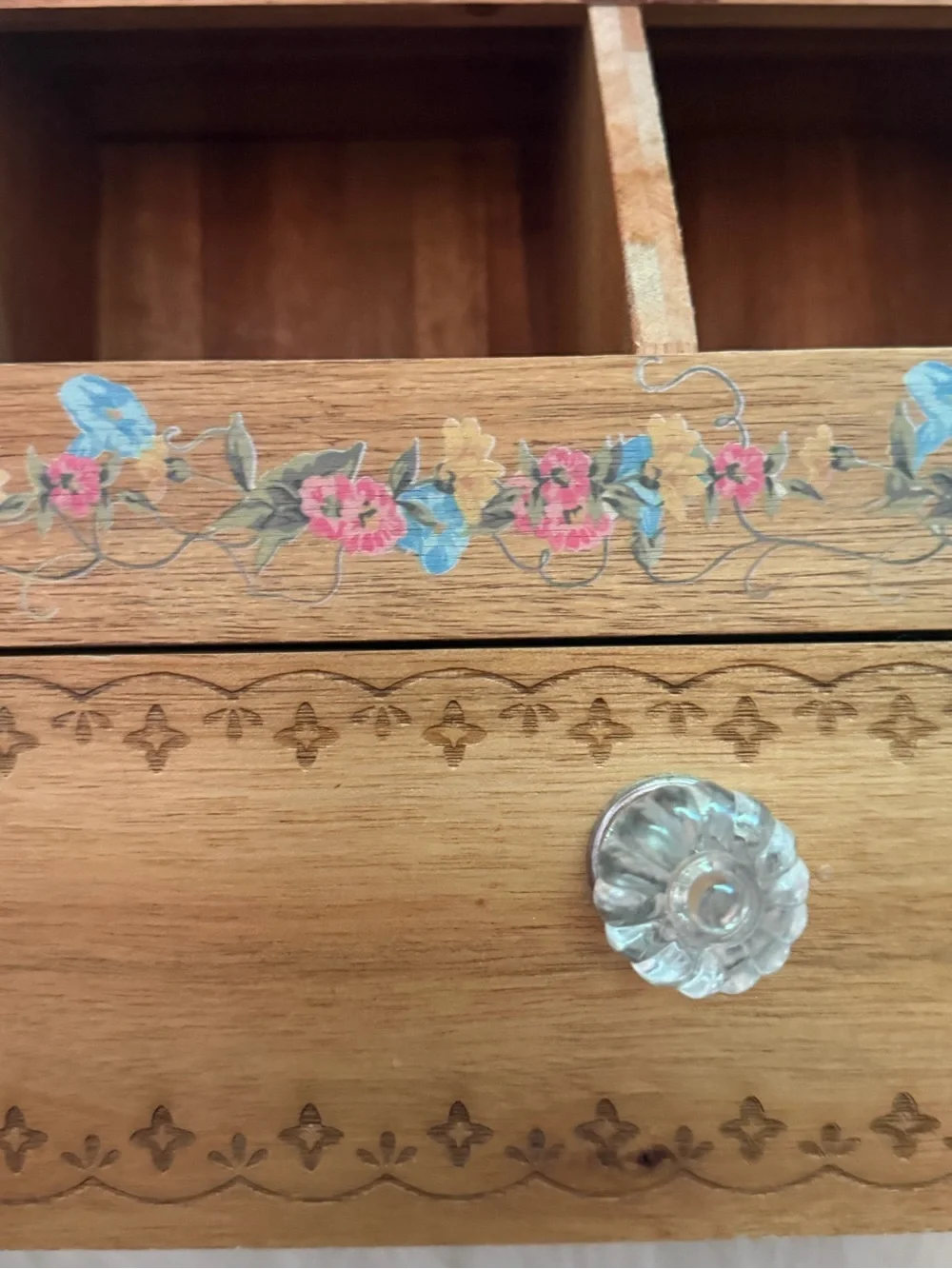 Pioneer Woman Hand-Painted Floral Wooden Storage Box - Natural Wood and Pink